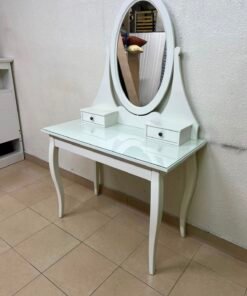 Classic White Vanity Dressing Table with Oval Mirror & Glass Top – Elegant Makeup Desk with 2 Drawers & Curved Cabriole Legs - Image 6