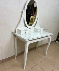 Classic White Vanity Dressing Table with Oval Mirror & Glass Top – Elegant Makeup Desk with 2 Drawers & Curved Cabriole Legs - Image 7