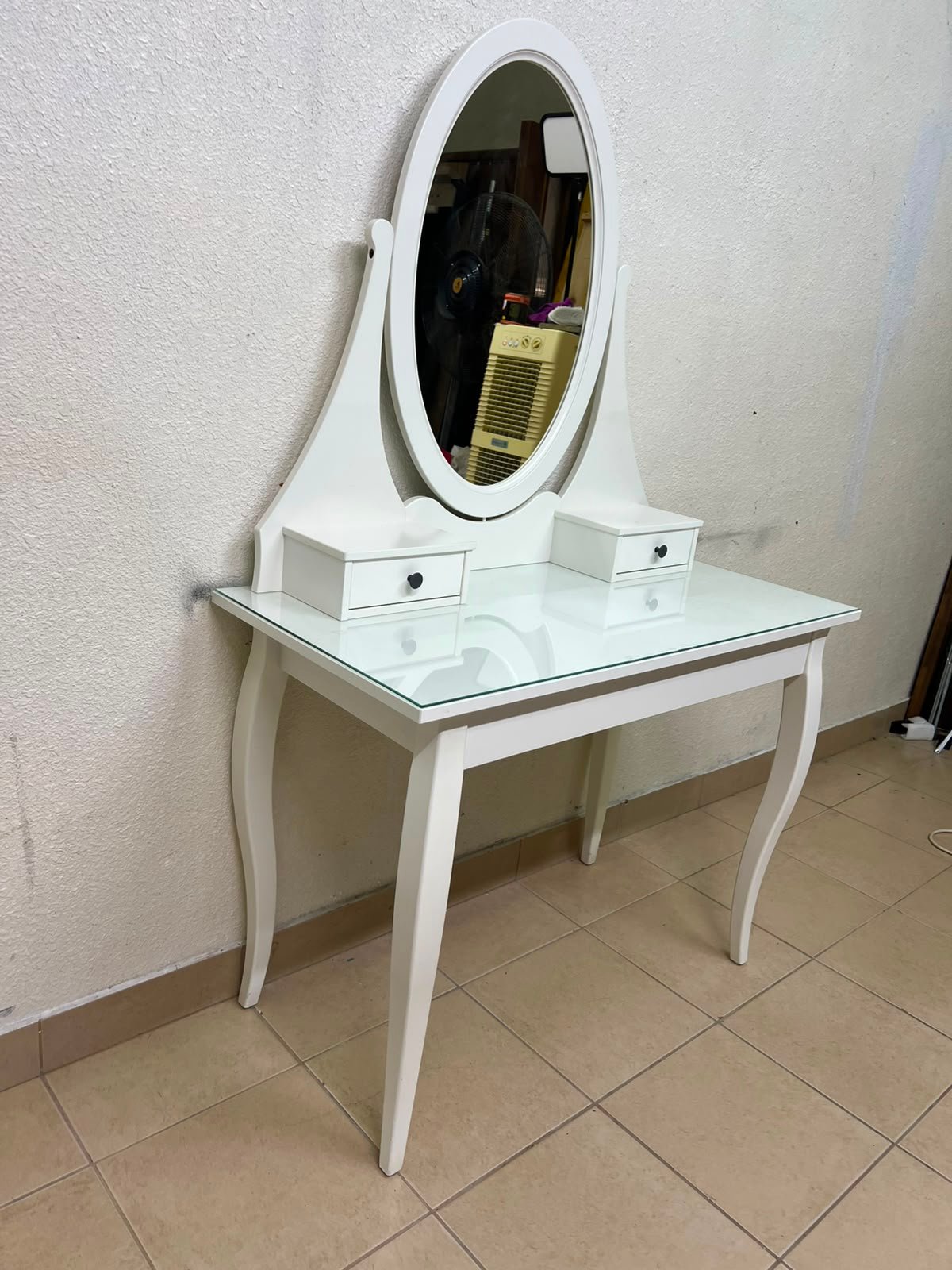 Classic White Vanity Dressing Table with Oval Mirror & Glass Top – Elegant Makeup Desk with 2 Drawers & Curved Cabriole Legs - Image 7