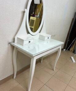 Classic White Vanity Dressing Table with Oval Mirror & Glass Top – Elegant Makeup Desk with 2 Drawers & Curved Cabriole Legs - Image 8