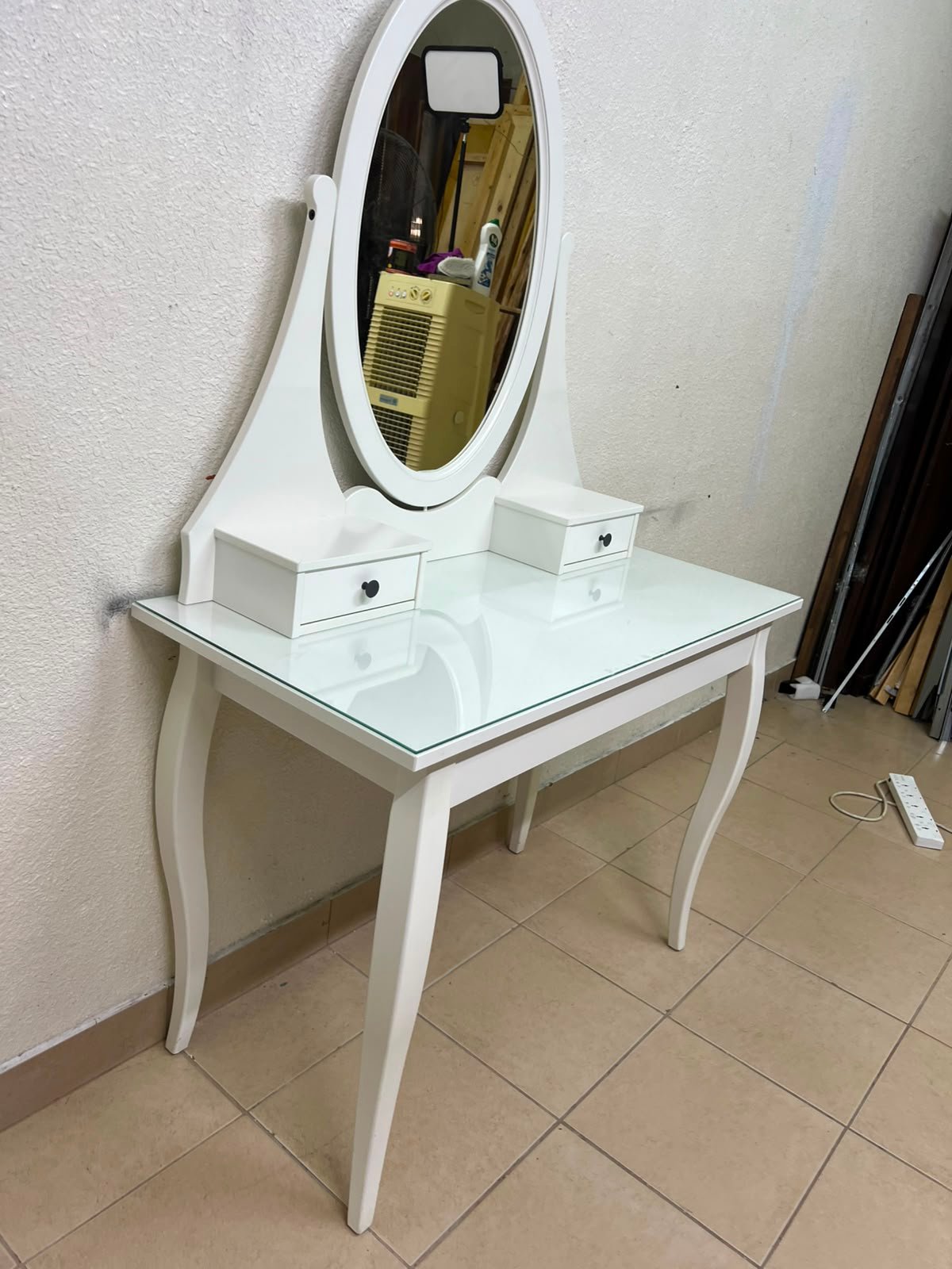 Classic White Vanity Dressing Table with Oval Mirror & Glass Top – Elegant Makeup Desk with 2 Drawers & Curved Cabriole Legs - Image 8