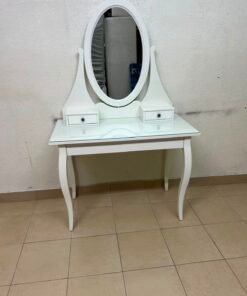Classic White Vanity Dressing Table with Oval Mirror & Glass Top – Elegant Makeup Desk with 2 Drawers & Curved Cabriole Legs