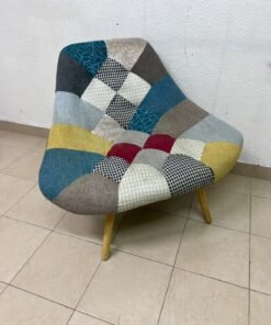 Modern Patchwork Fabric Accent Chair – Multi-Colored Geometric Slipper Chair with Wooden Tapered Legs for Living Room, Bedroom & Reading Nook