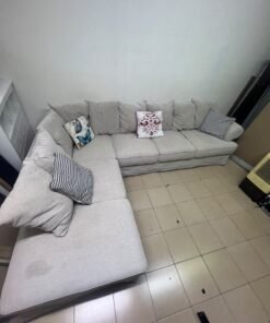 Modern Light Beige L-Shaped Sectional Sofa with Chaise Lounge – Large Fabric Corner Couch with Loose Slipcovers, Back Cushions & Pillows for Living Room