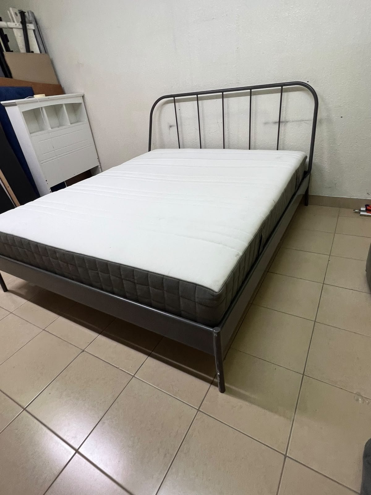 Modern Industrial Metal Bed Frame with Mattress – Grey Finish with Rounded Spindle Headboard & Dark Grey Quilted Base for Bedroom & Guest Room - Image 3