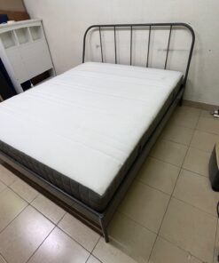 Modern Industrial Metal Bed Frame with Mattress – Grey Finish with Rounded Spindle Headboard & Dark Grey Quilted Base for Bedroom & Guest Room