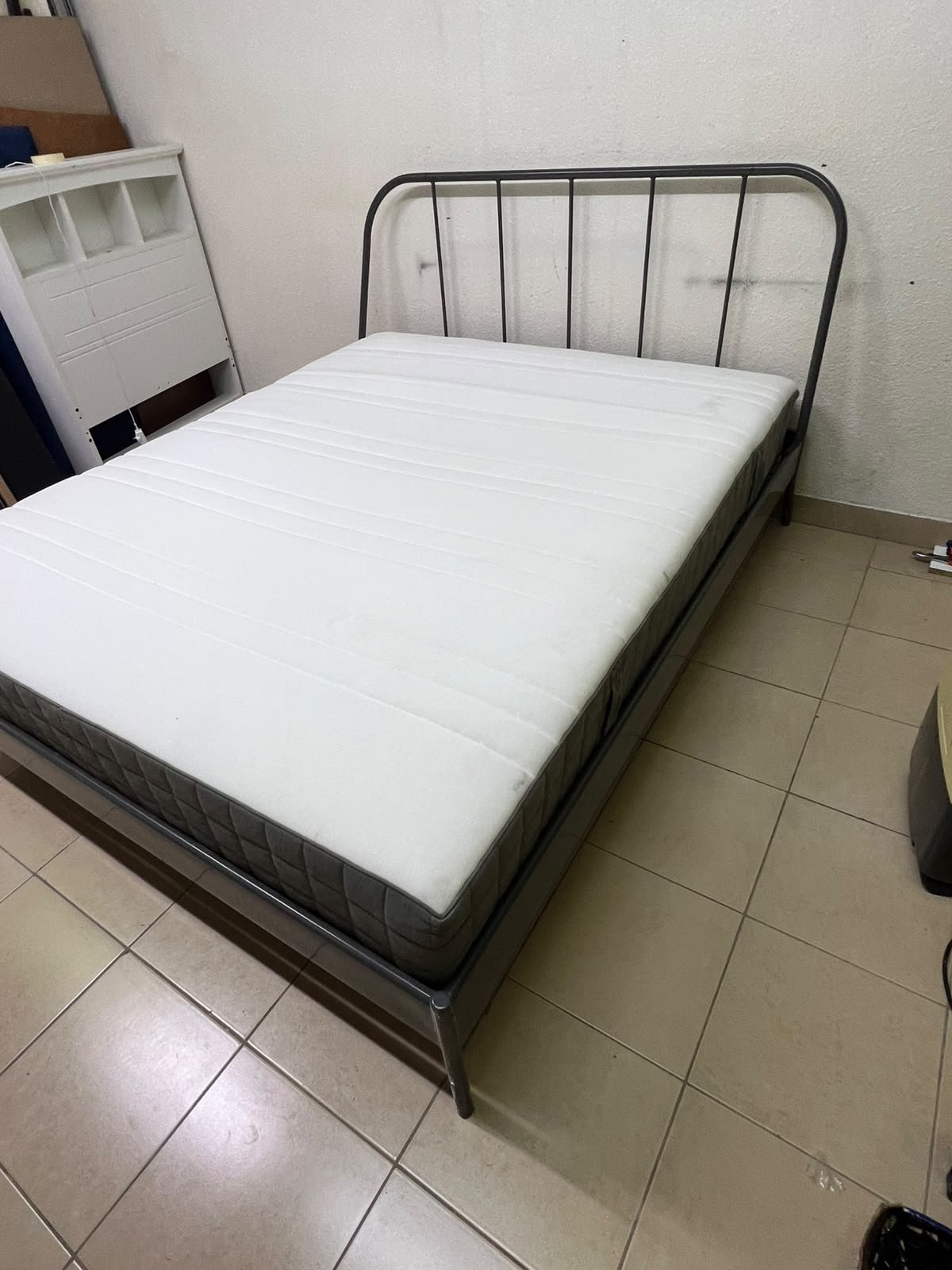Modern Industrial Metal Bed Frame with Mattress – Grey Finish with Rounded Spindle Headboard & Dark Grey Quilted Base for Bedroom & Guest Room