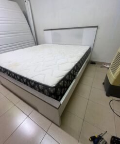 Modern Grey & White Bed Frame with Quilted Mattress – Two-Tone Wooden Headboard, White Base & Dark Floral Border for Bedroom & Guest Room - Image 3