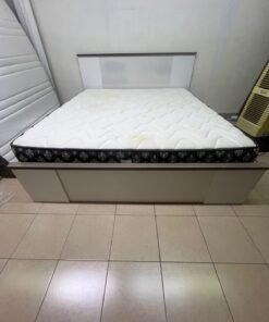 Modern Grey & White Bed Frame with Quilted Mattress – Two-Tone Wooden Headboard, White Base & Dark Floral Border for Bedroom & Guest Room - Image 4