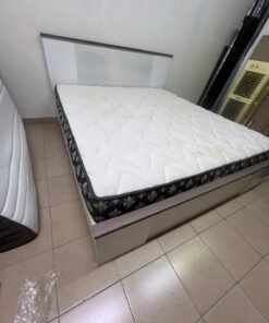Modern Grey & White Bed Frame with Quilted Mattress – Two-Tone Wooden Headboard, White Base & Dark Floral Border for Bedroom & Guest Room - Image 9