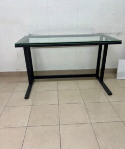 Modern Glass Top Desk with Black Metal Frame – Clear Tempered Glass Workstation with Industrial Steel Legs for Home Office, Study & Bedroom