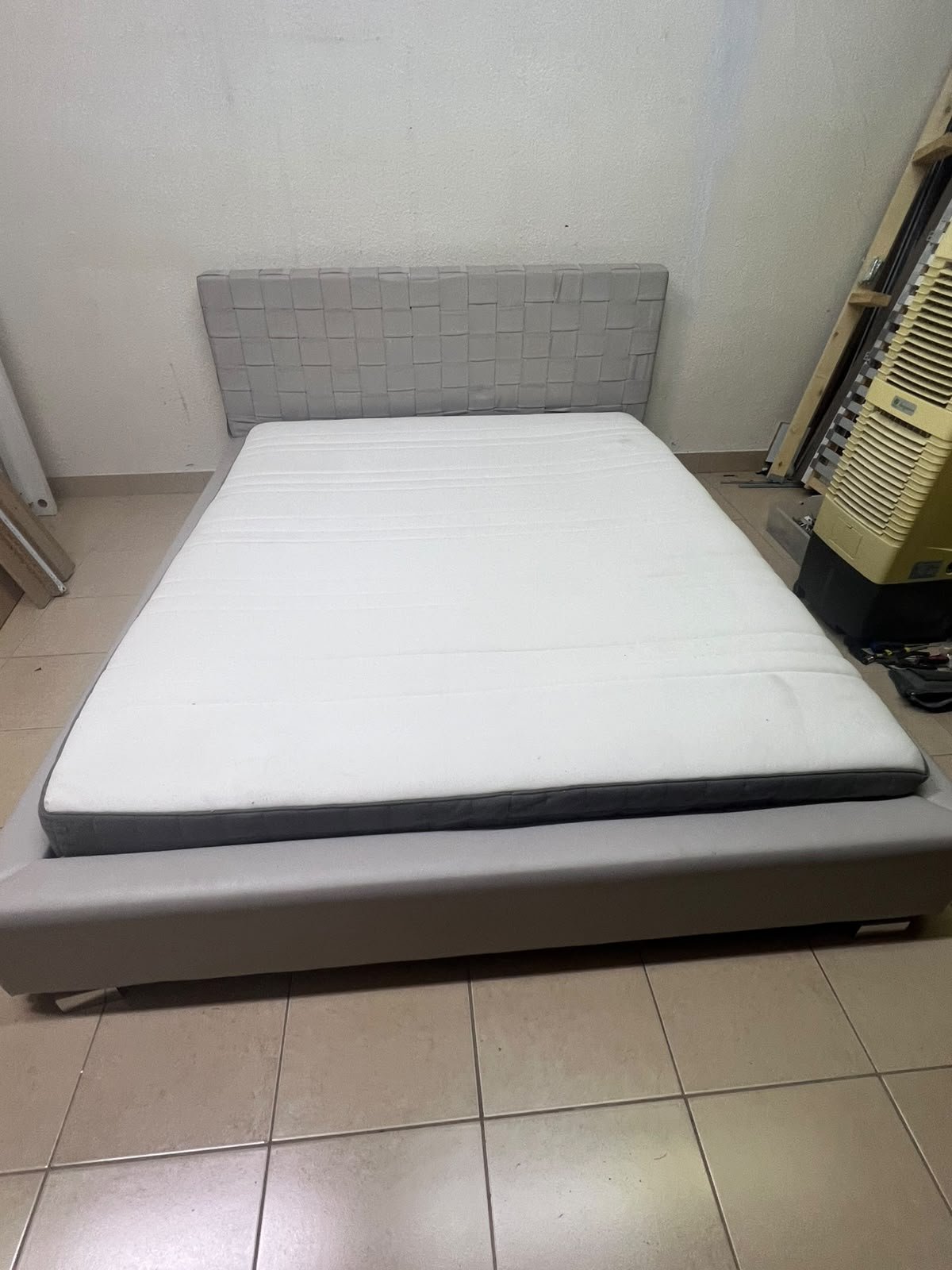 Grey double bed frame with upholstered design and distinctive headboard. - Image 5