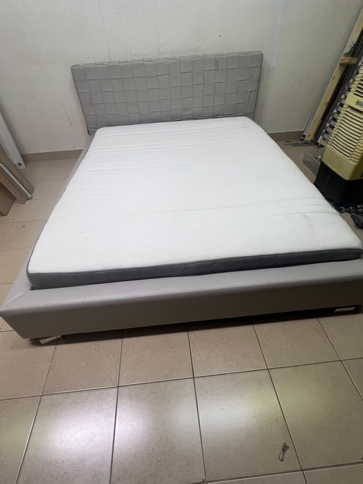 Grey double bed frame with upholstered design and distinctive headboard. - Image 6
