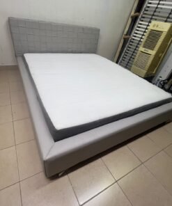 Grey double bed frame with upholstered design and distinctive headboard. - Image 7