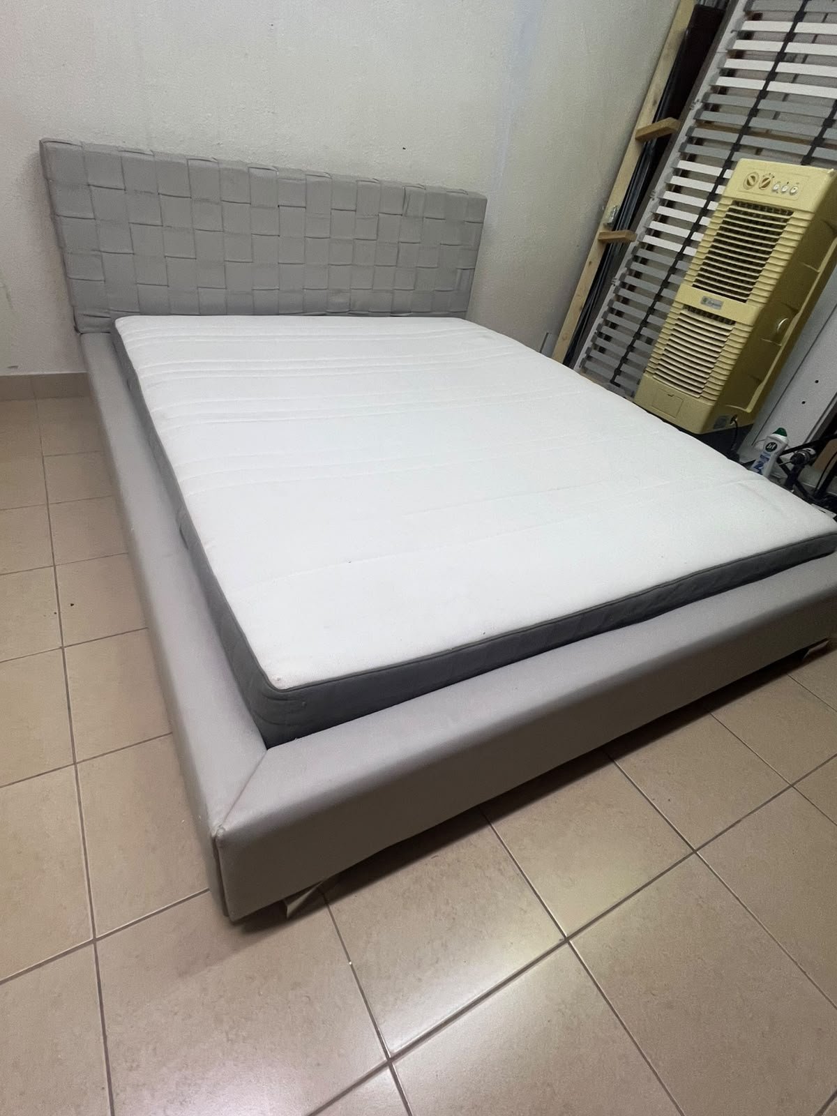 Grey double bed frame with upholstered design and distinctive headboard. - Image 7