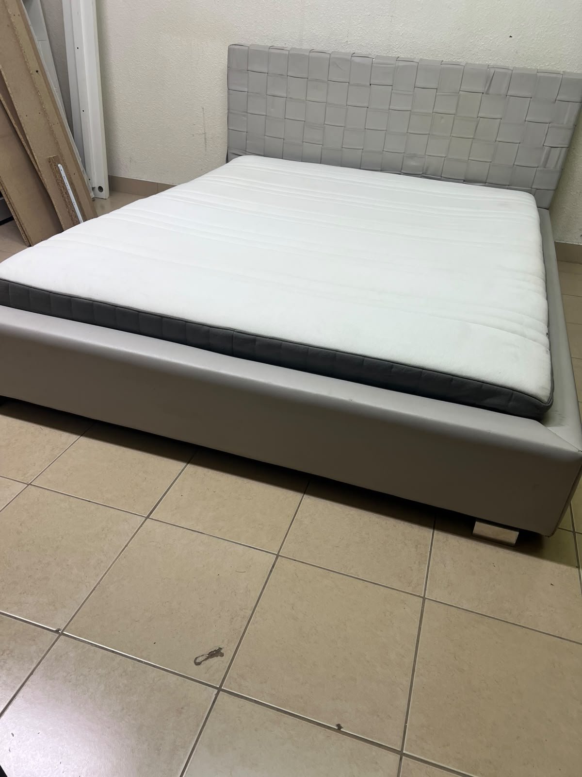 Grey double bed frame with upholstered design and distinctive headboard. - Image 8
