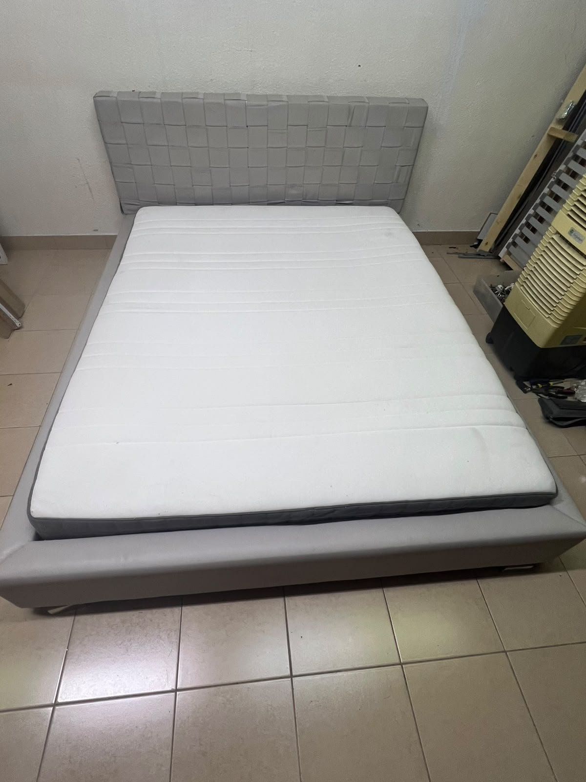 Grey double bed frame with upholstered design and distinctive headboard. - Image 9