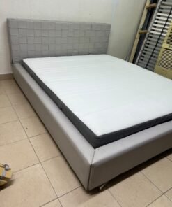 Grey double bed frame with upholstered design and distinctive headboard. - Image 11