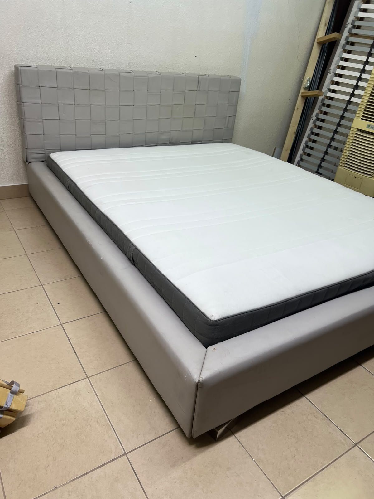 Grey double bed frame with upholstered design and distinctive headboard. - Image 11