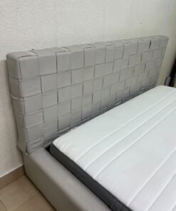 Grey double bed frame with upholstered design and distinctive headboard. - Image 12