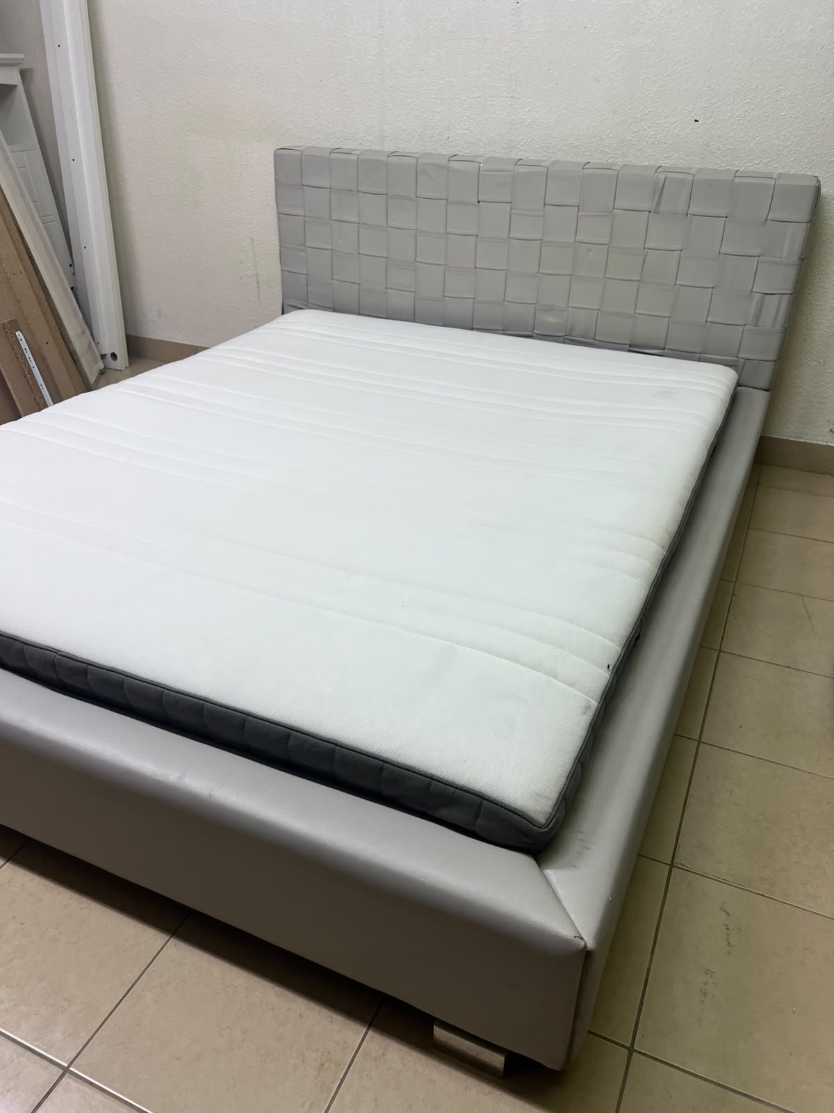 Grey double bed frame with upholstered design and distinctive headboard. - Image 13