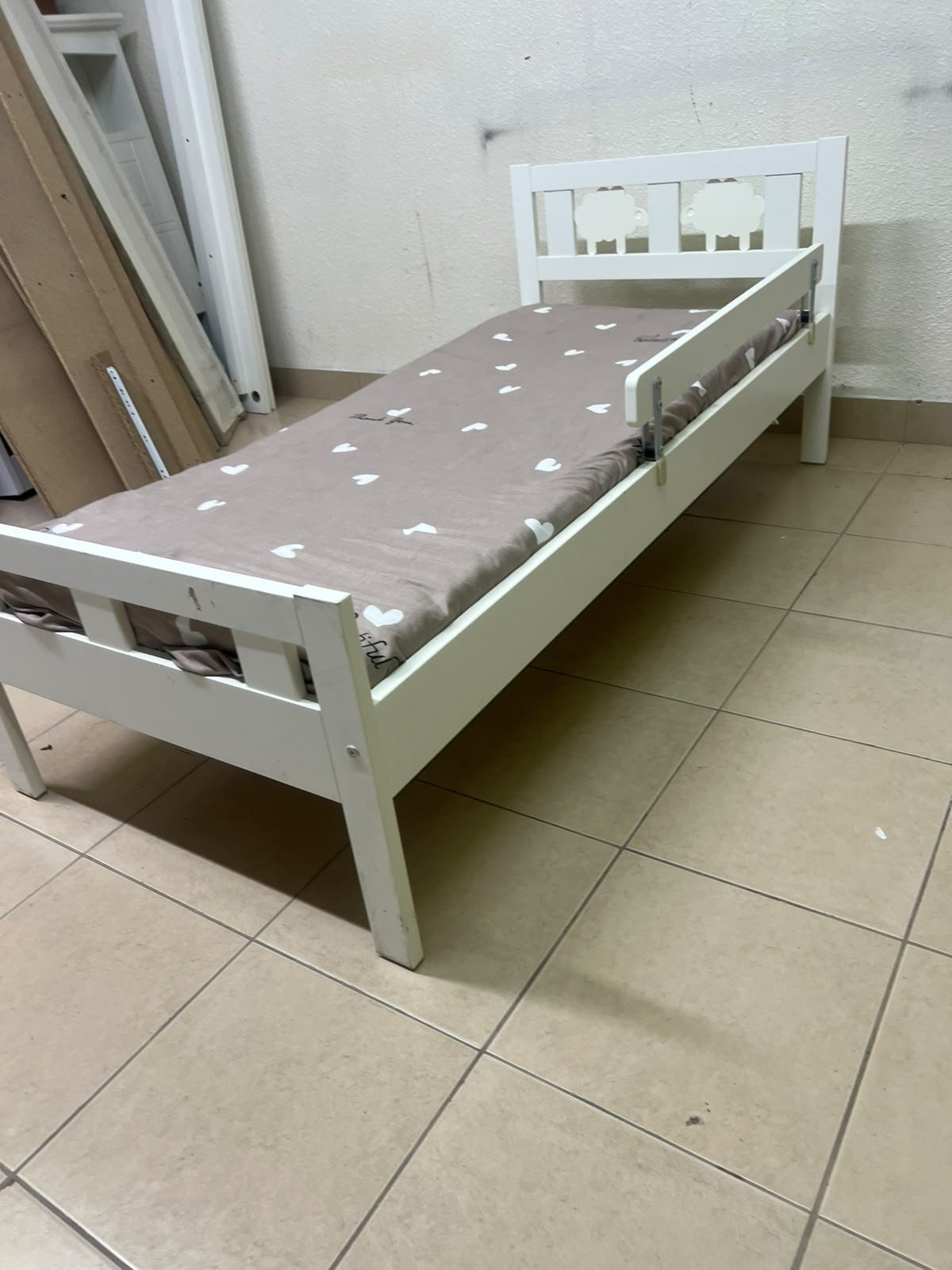 A white wooden cot, believed to be the KRITTER model from IKEA UAE, measuring approximately 70 x 160 cm, and comes with a side guard rail - Image 3