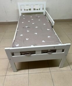 A white wooden cot, believed to be the KRITTER model from IKEA UAE, measuring approximately 70 x 160 cm, and comes with a side guard rail - Image 4