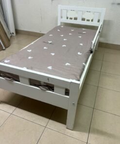 A white wooden cot, believed to be the KRITTER model from IKEA UAE, measuring approximately 70 x 160 cm, and comes with a side guard rail - Image 6