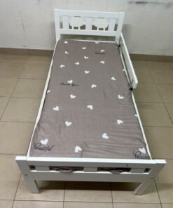 A white wooden cot, believed to be the KRITTER model from IKEA UAE, measuring approximately 70 x 160 cm, and comes with a side guard rail - Image 7