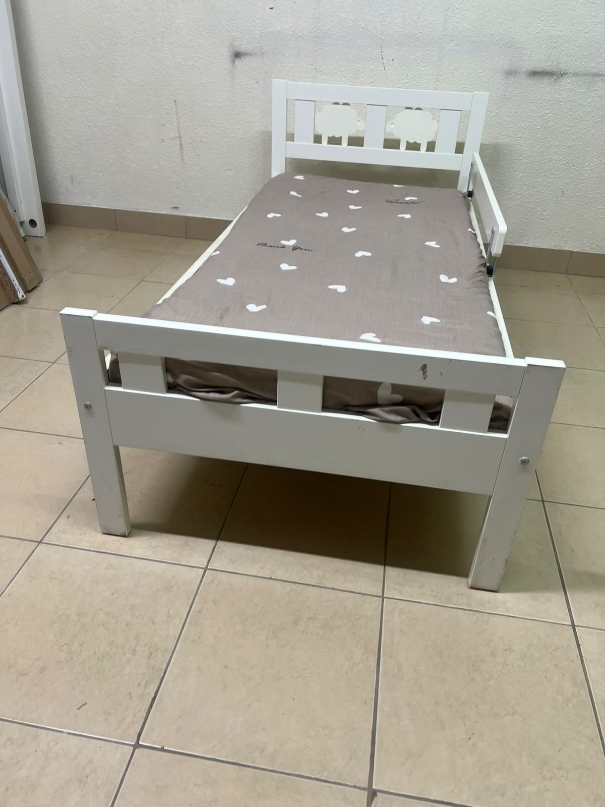 A white wooden cot, believed to be the KRITTER model from IKEA UAE, measuring approximately 70 x 160 cm, and comes with a side guard rail - Image 8