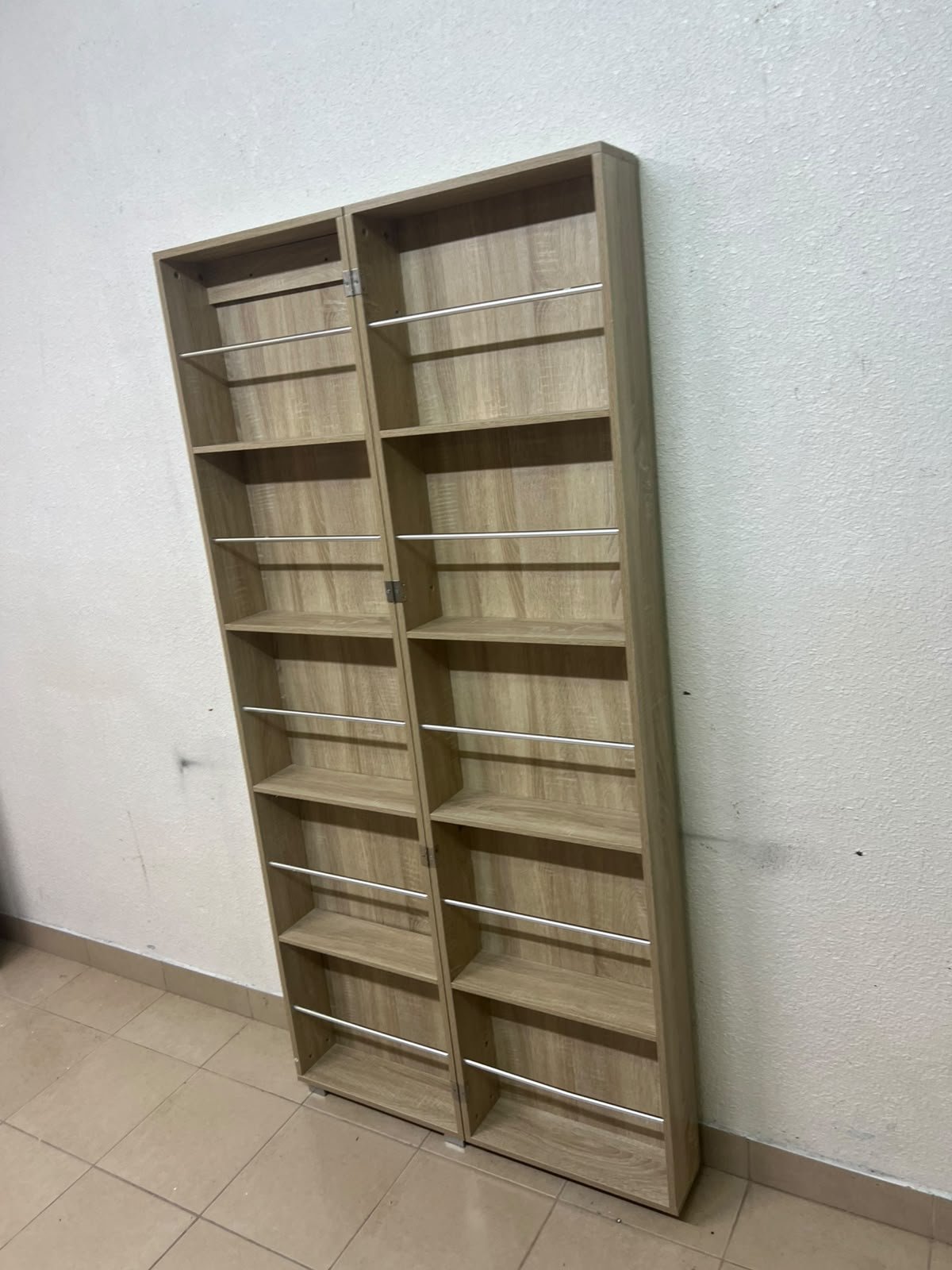 A slim shoe cabinet or wardrobe with a single door and a full-length mirror in a light oak (pine/engineered wood) wooden frame. - Image 4