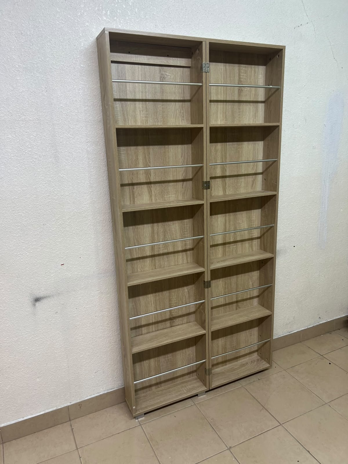 A slim shoe cabinet or wardrobe with a single door and a full-length mirror in a light oak (pine/engineered wood) wooden frame. - Image 6
