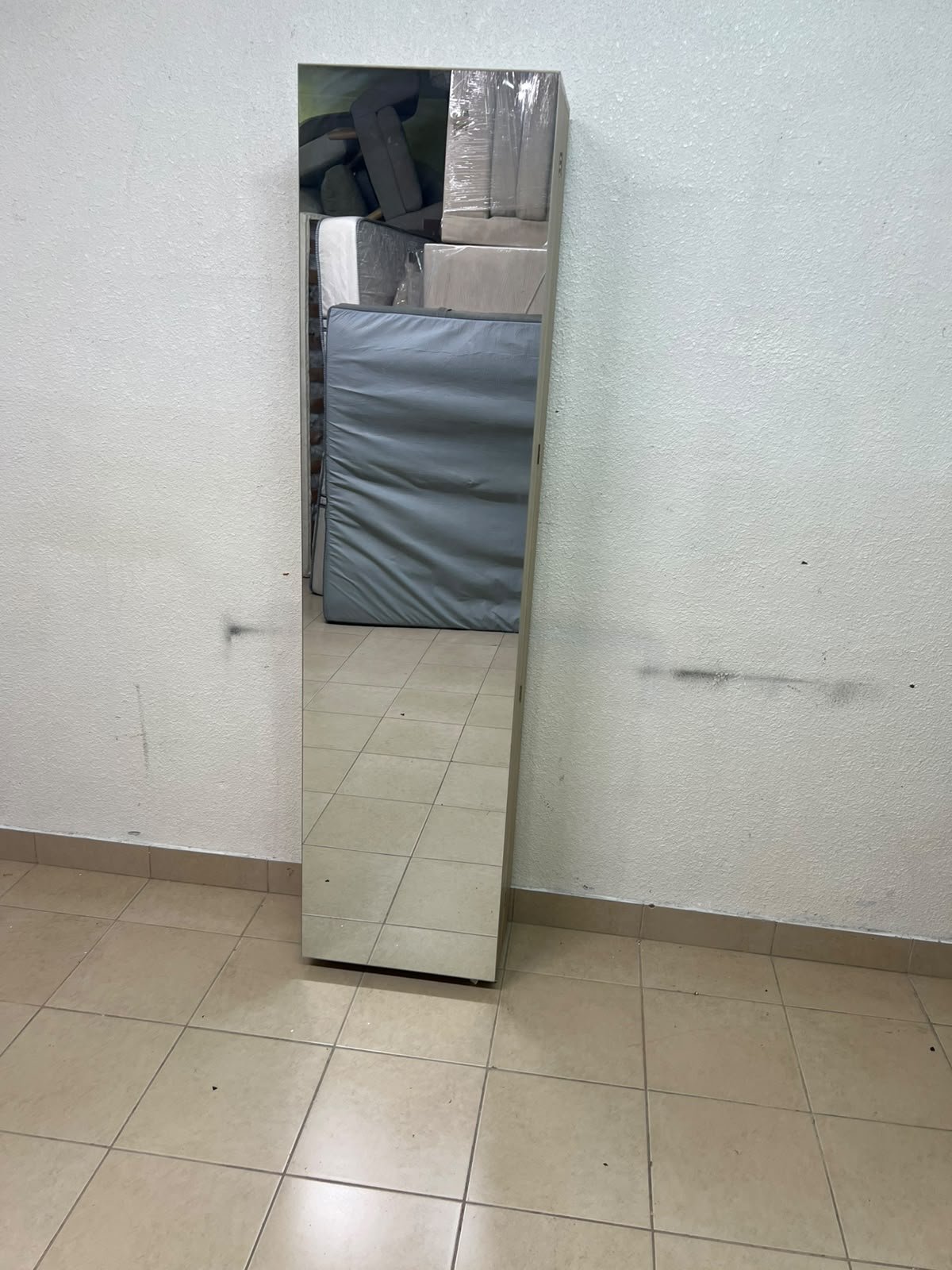 A slim shoe cabinet or wardrobe with a single door and a full-length mirror in a light oak (pine/engineered wood) wooden frame. - Image 7