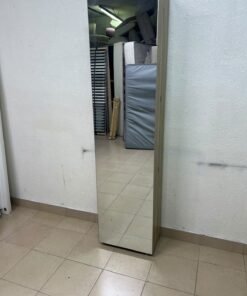 A slim shoe cabinet or wardrobe with a single door and a full-length mirror in a light oak (pine/engineered wood) wooden frame. - Image 9