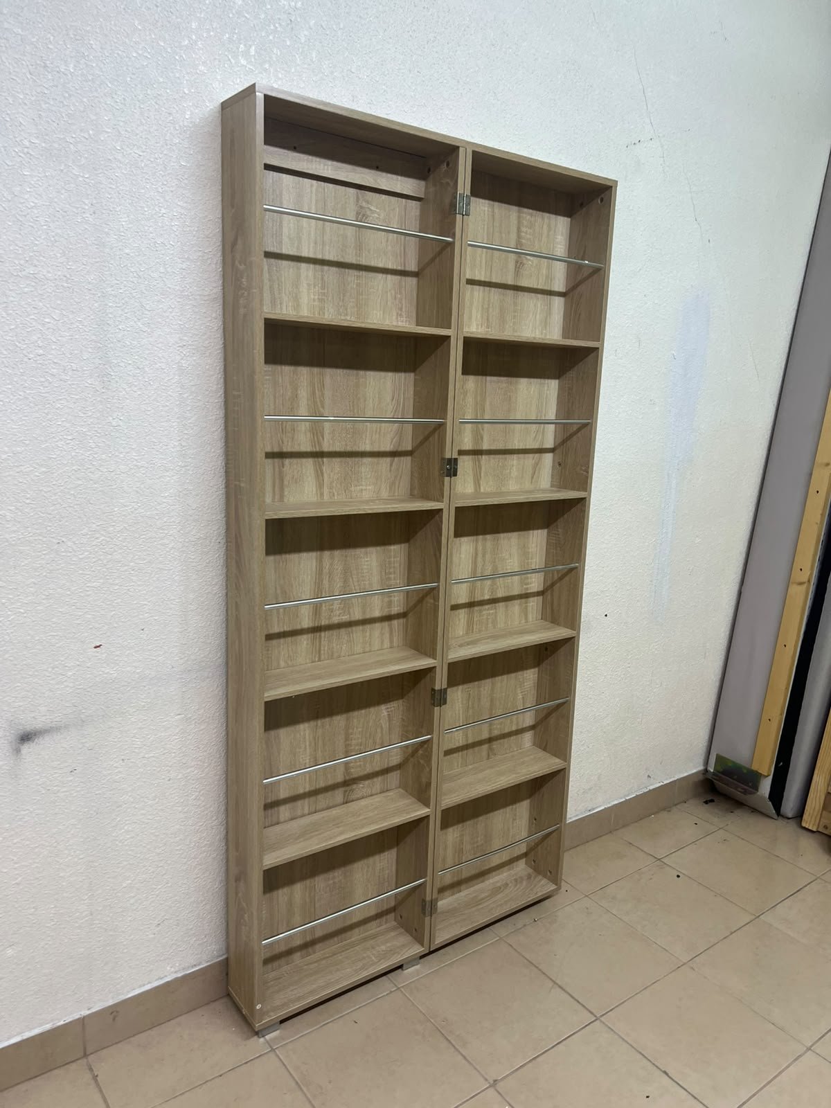 A slim shoe cabinet or wardrobe with a single door and a full-length mirror in a light oak (pine/engineered wood) wooden frame. - Image 8