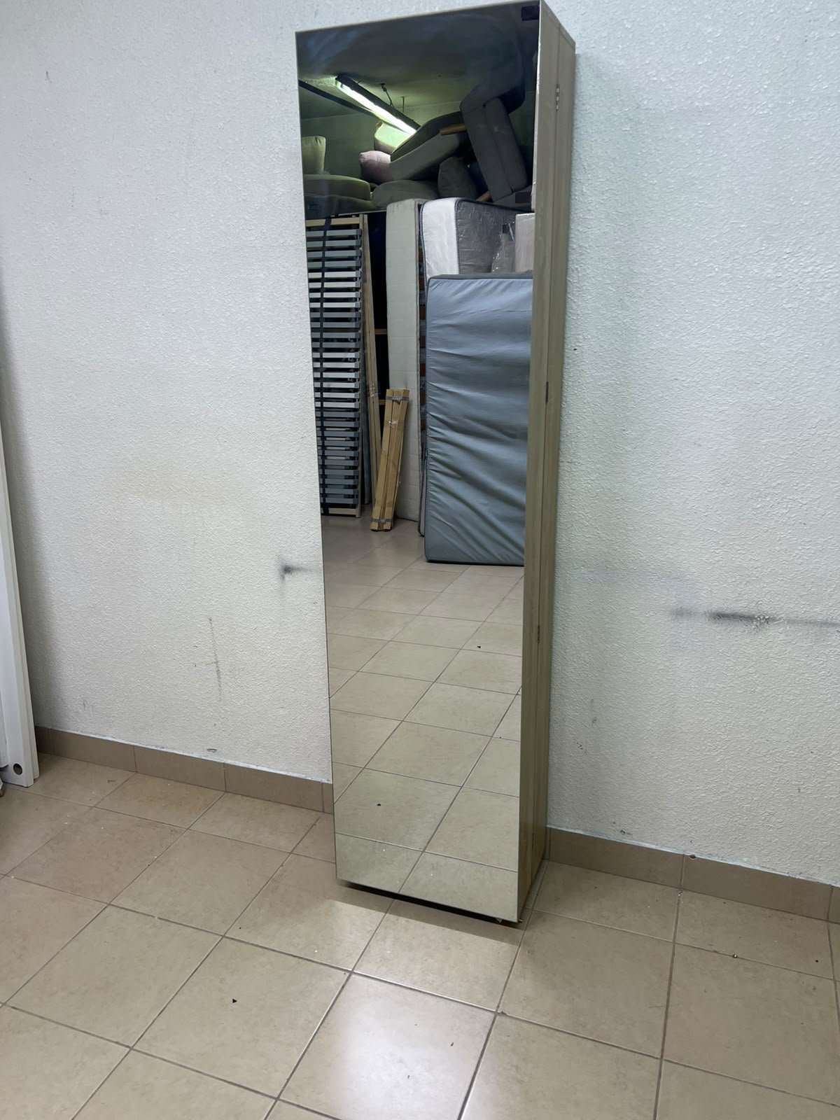 A slim shoe cabinet or wardrobe with a single door and a full-length mirror in a light oak (pine/engineered wood) wooden frame. - Image 9