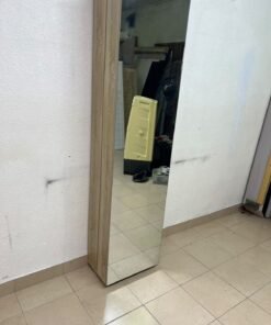 A slim shoe cabinet or wardrobe with a single door and a full-length mirror in a light oak (pine/engineered wood) wooden frame. - Image 10
