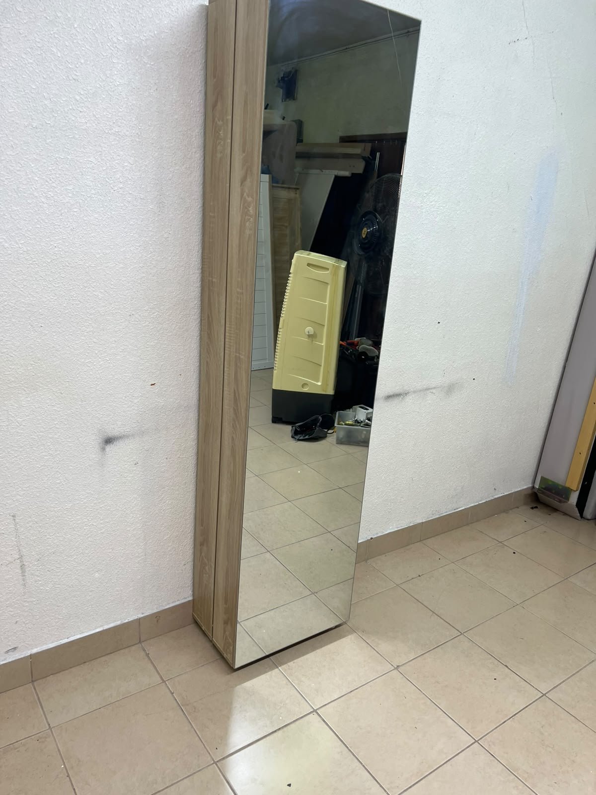A slim shoe cabinet or wardrobe with a single door and a full-length mirror in a light oak (pine/engineered wood) wooden frame. - Image 10