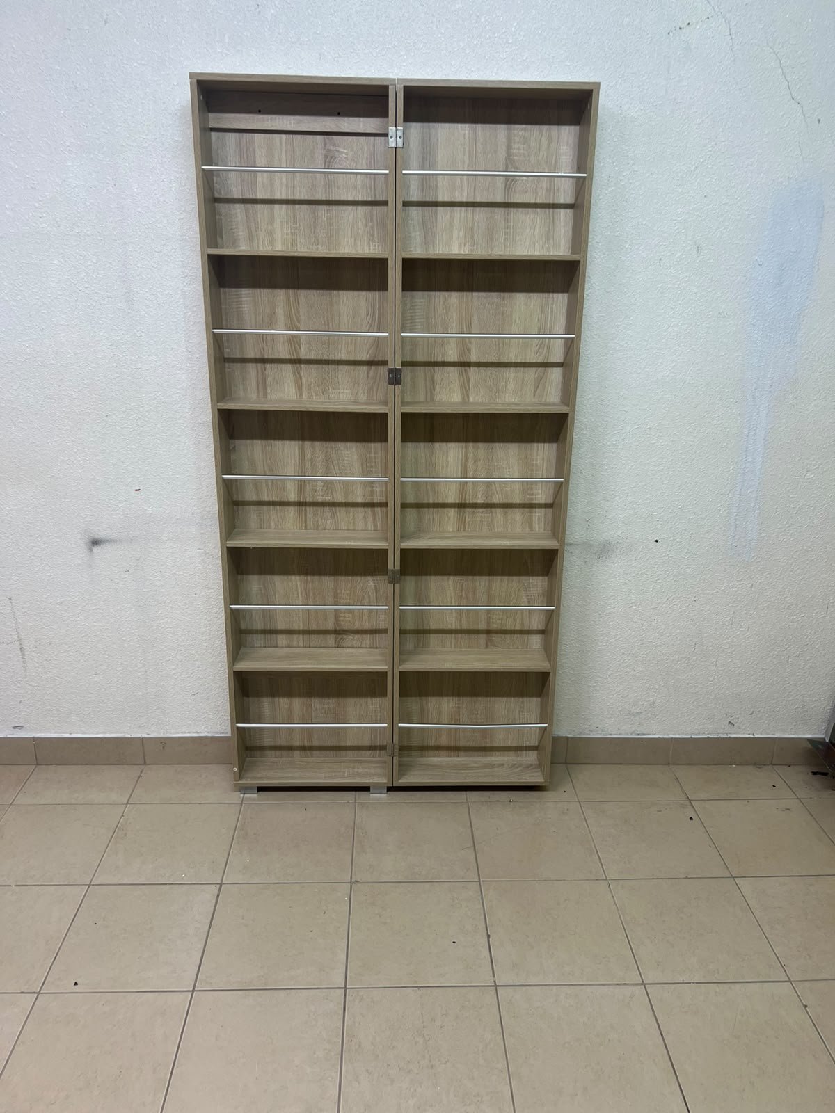 A slim shoe cabinet or wardrobe with a single door and a full-length mirror in a light oak (pine/engineered wood) wooden frame. - Image 11