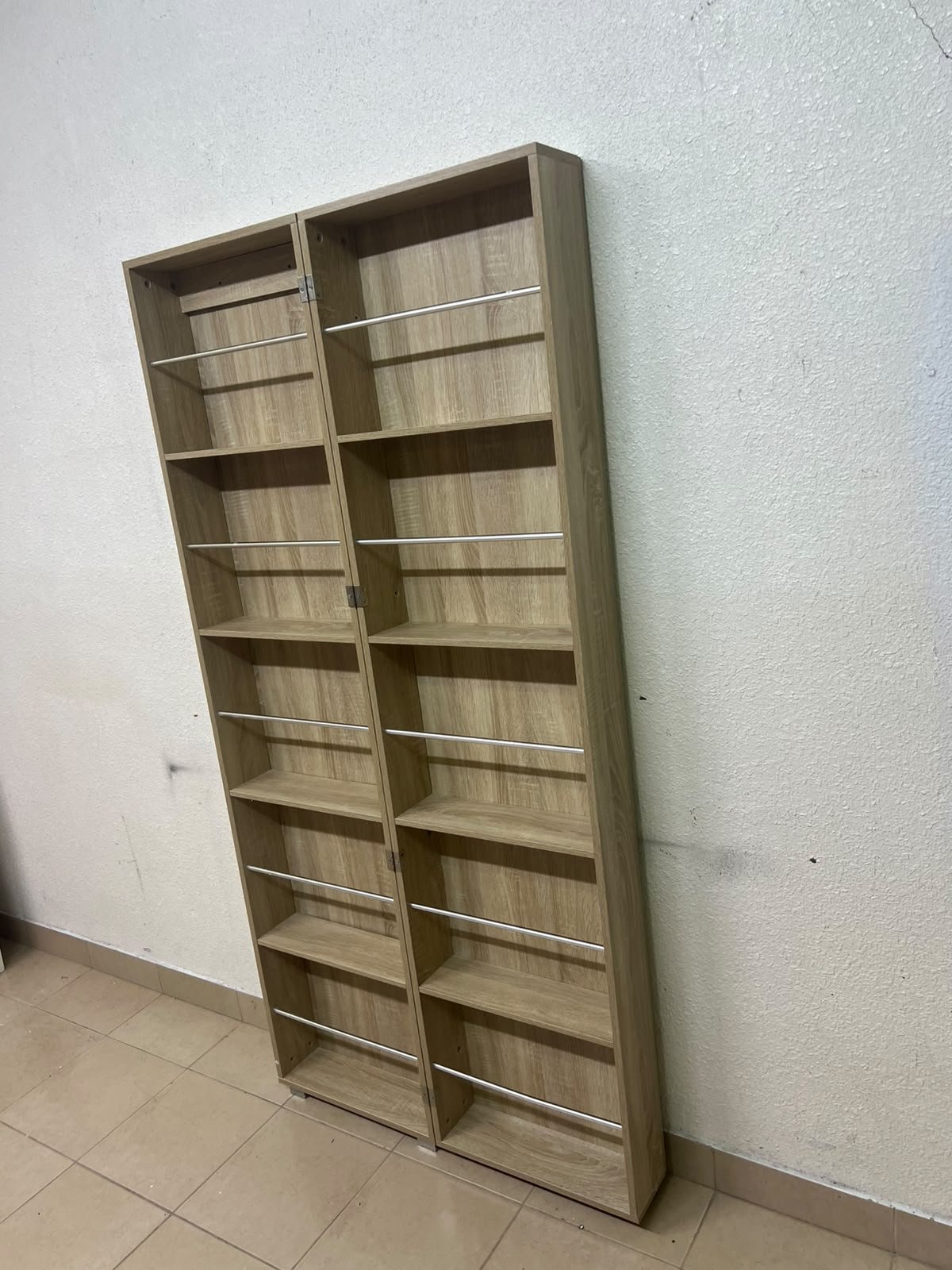 A slim shoe cabinet or wardrobe with a single door and a full-length mirror in a light oak (pine/engineered wood) wooden frame. - Image 12