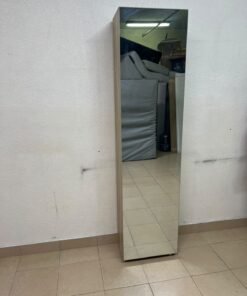 A slim shoe cabinet or wardrobe with a single door and a full-length mirror in a light oak (pine/engineered wood) wooden frame. - Image 13