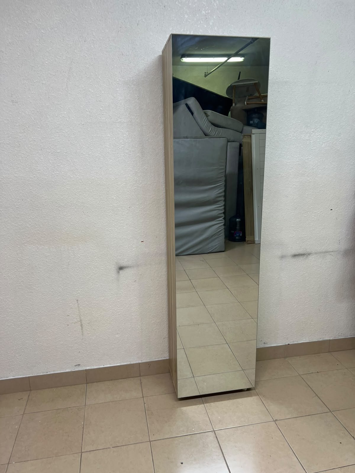 A slim shoe cabinet or wardrobe with a single door and a full-length mirror in a light oak (pine/engineered wood) wooden frame. - Image 13