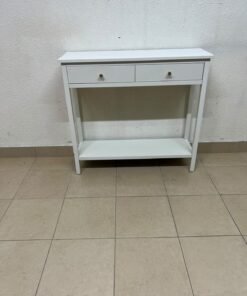 A modern white console table featuring two drawers with a striped front and small handles, as well as an open bottom shelf. - Image 2