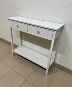 A modern white console table featuring two drawers with a striped front and small handles, as well as an open bottom shelf. - Image 4