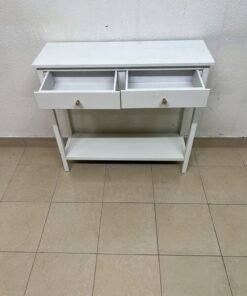 A modern white console table featuring two drawers with a striped front and small handles, as well as an open bottom shelf. - Image 5