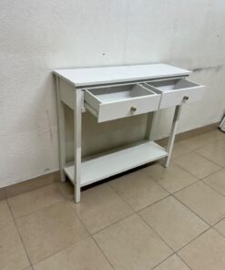 A modern white console table featuring two drawers with a striped front and small handles, as well as an open bottom shelf. - Image 6