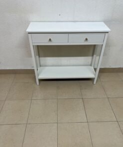 A modern white console table featuring two drawers with a striped front and small handles, as well as an open bottom shelf. - Image 7