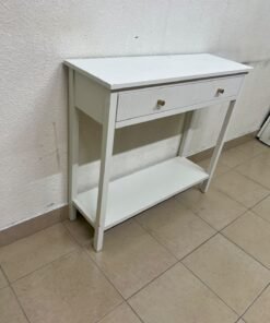 A modern white console table featuring two drawers with a striped front and small handles, as well as an open bottom shelf. - Image 9