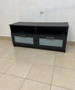 This is an IKEA BRIMNES TV bench in black, featuring open shelves and two storage drawers with frosted glass fronts. - Image 2