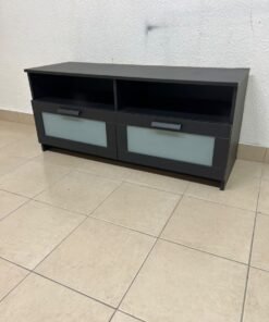 This is an IKEA BRIMNES TV bench in black, featuring open shelves and two storage drawers with frosted glass fronts. - Image 4